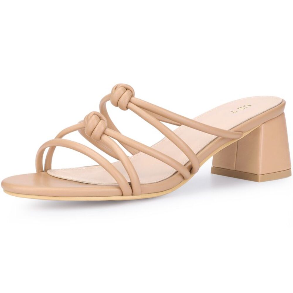 Strappy Heeled Knotted Slingback Block Heel Slide Sandals Nude